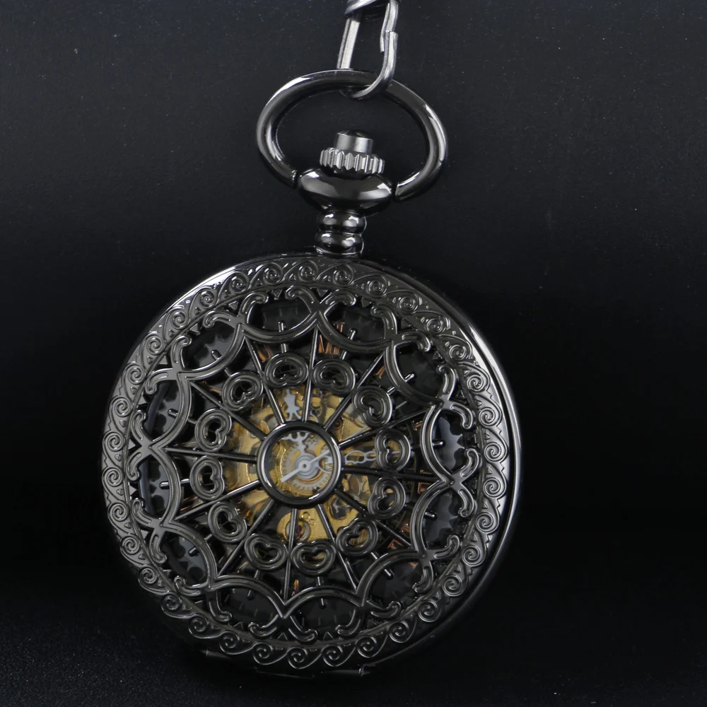 Black Hollow Double Opening Manual Gentleman Mechanical Pocket Watch Vintage Men's Necklace Pendant Clock Women's Jewelry Gift