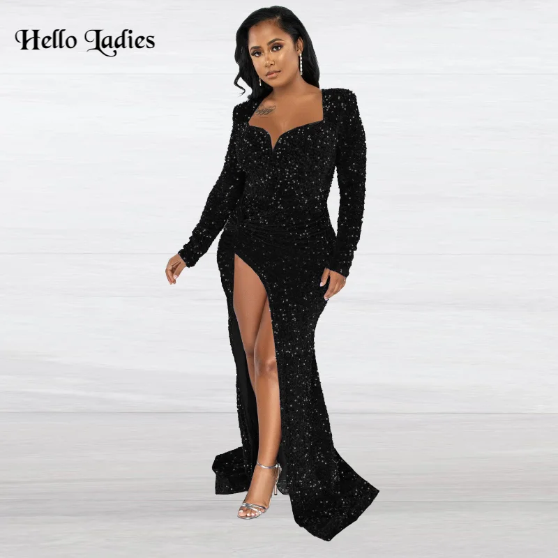 HL Plus Size Dresses Long Sleeve Sequin Dress Women Club Party Birthday Dress  Sequined Blingbling Thigh Split Prom Dresses