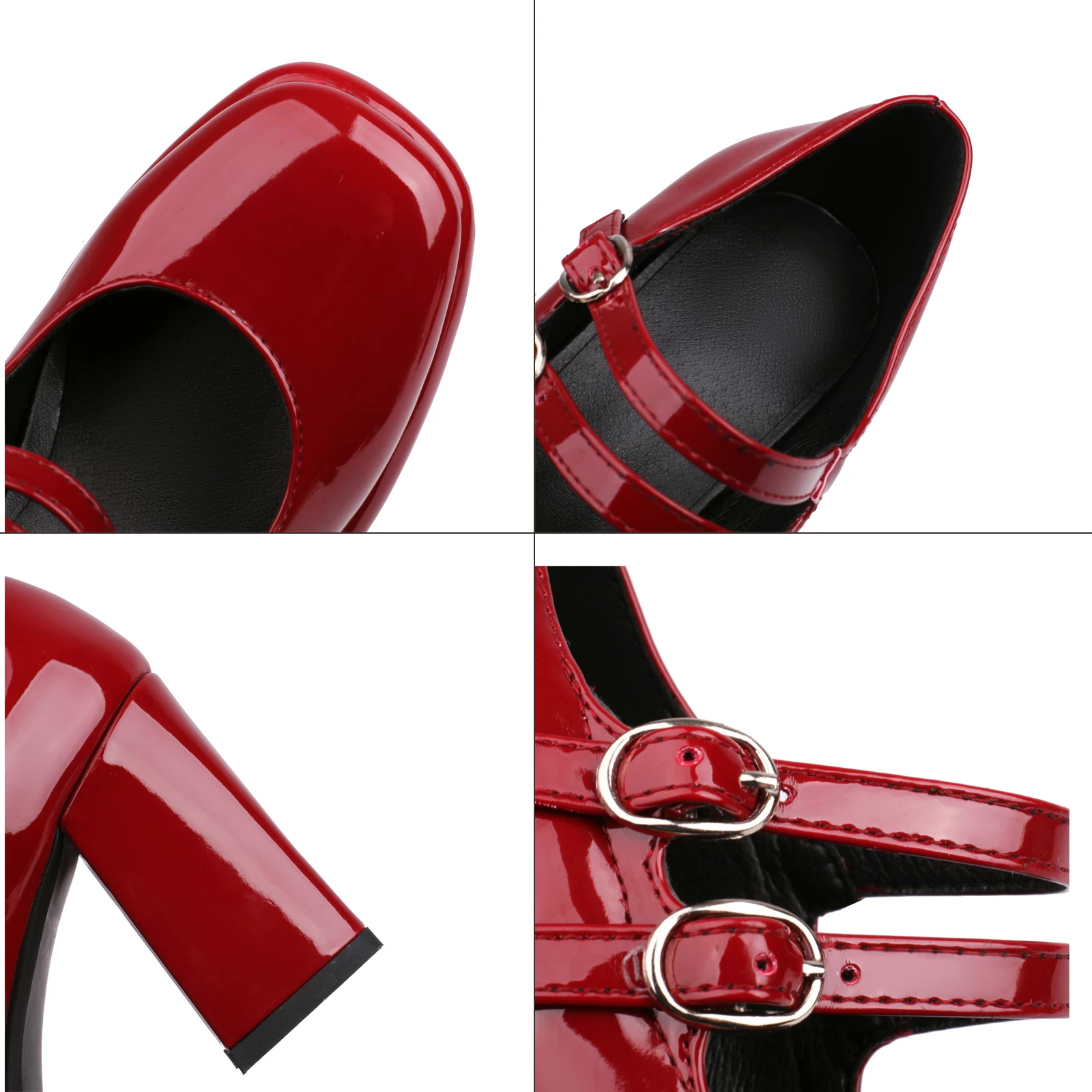 Eokkar Women Square Toe Patent Leather Mary Janes Two Buckle Pumps Platform Chunky Heel Vintage Dress Shoes White Block Pumps