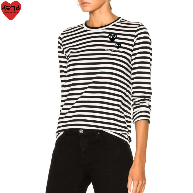 

Women Long Sleeve Striped T-shirt Large And Small Heart Embroidered Letter Print Cotton O-Neck Spring Autumn Slim Fit T-Shirt