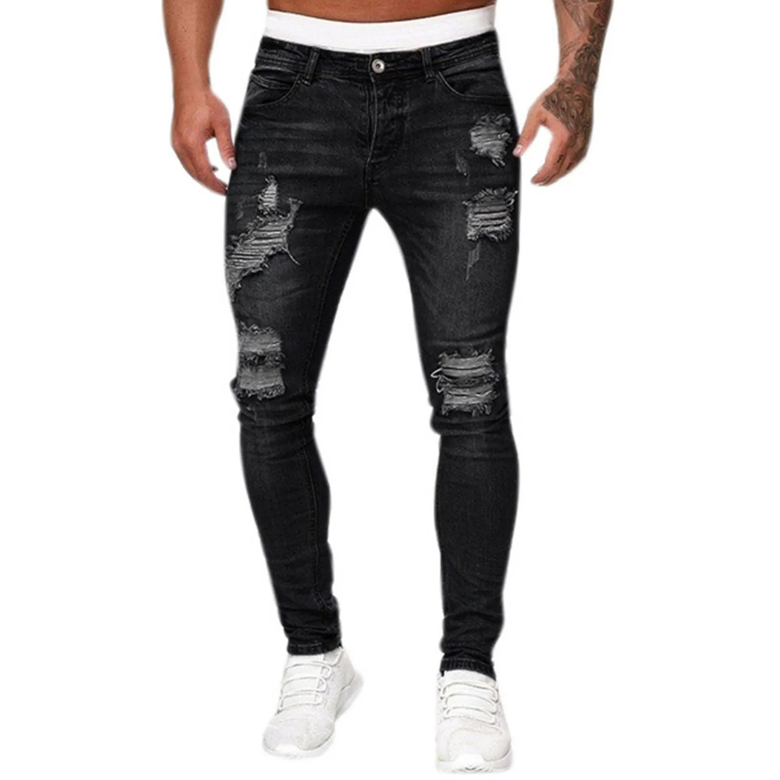 

Color Holes Ripped Solid Trousers Washed Gradient Men's Jeans Frayed Casual Men's pants