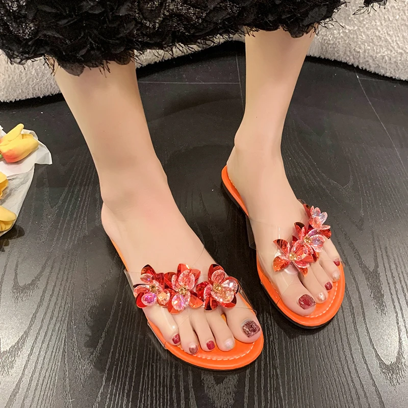 

Женские шлепанцы с цветами, летняя Уличная обувь с круглым открытым носком, однотонные пляжные тапочки на низком каблуке, 2023