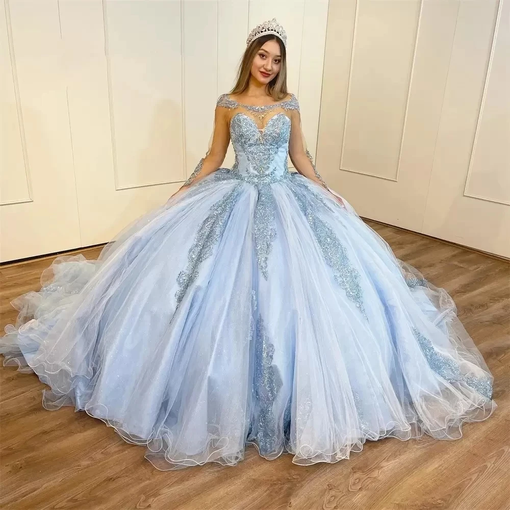 Light Blue Cinderella Ball Gown Quinceanera Dresses 2022 Sheer Neck Bead Appliques Long Sleeves Luxury Birthday Dress