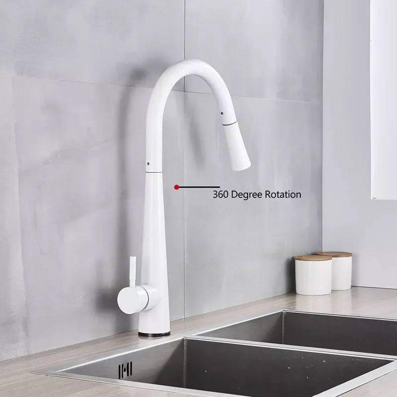 

White polished Kitchen Sensor Faucet Hot & Cold Mixer Tap Sense Crane 2 Functon Modes Pull out Spout Modern torneira