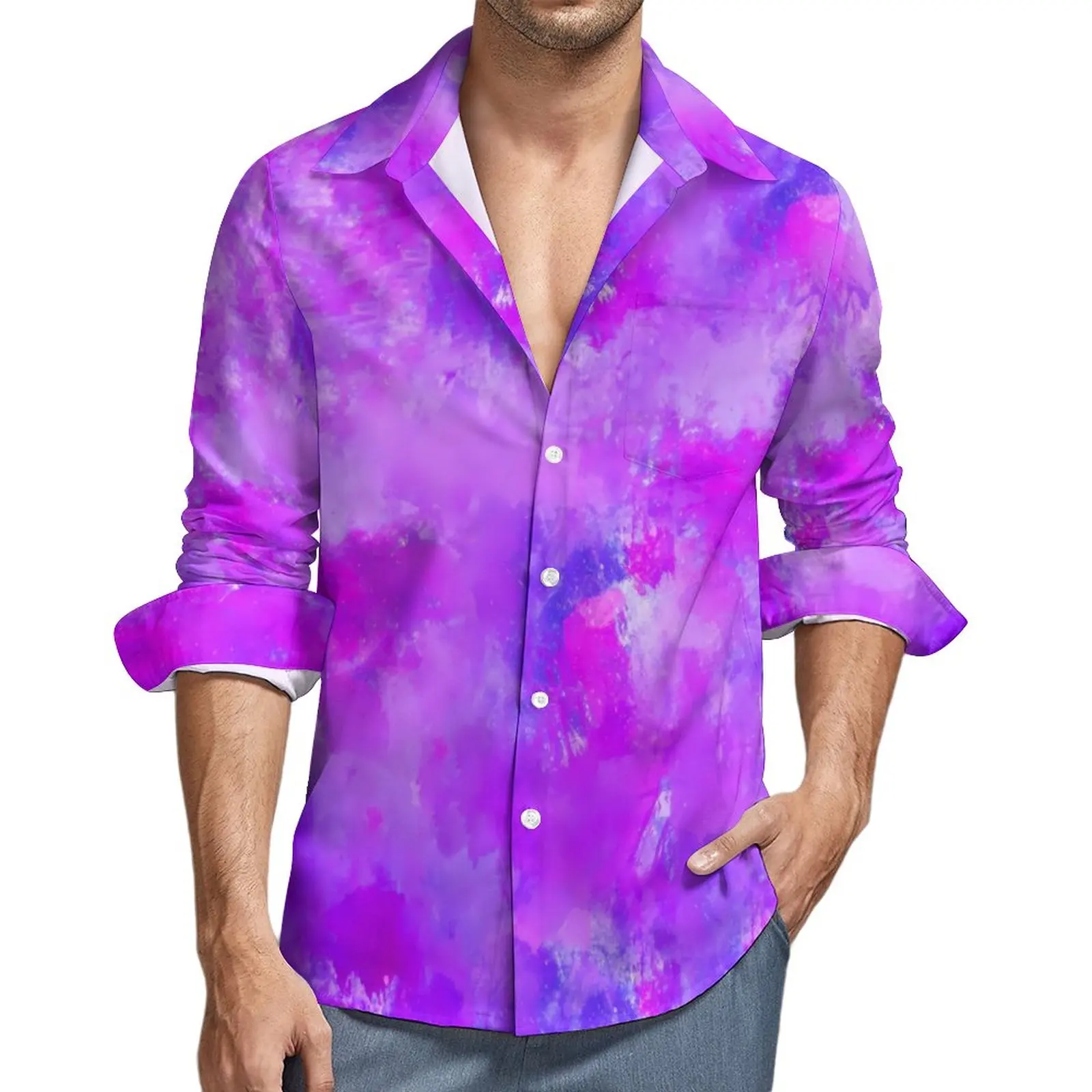 

Colorful Paint Splatter Casual Shirts Man Abstract Art Shirt Long Sleeve Vintage Stylish Blouses Autumn Design Tops Plus Size