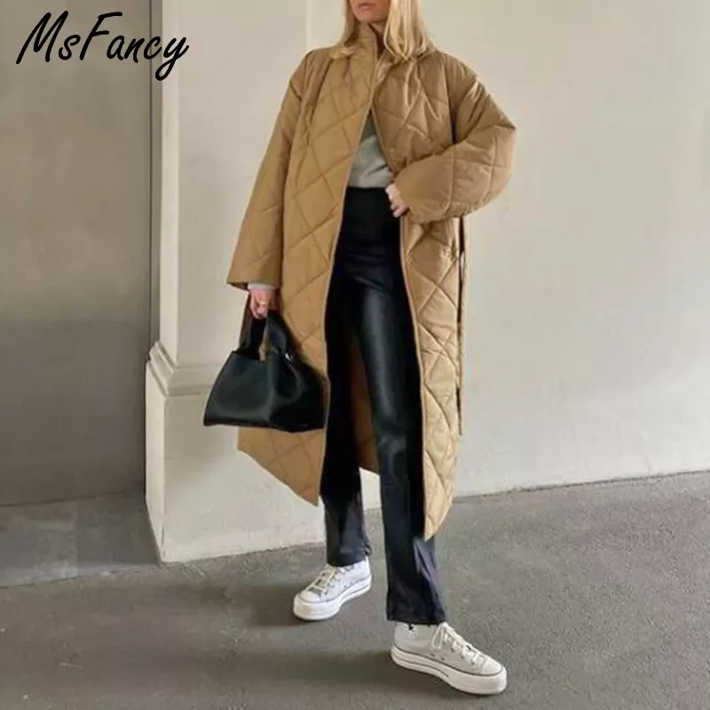 New2022 Long Parkas Women Stand Collar Quilted Coats Femme Winter Double Breasted Tunic Bandage Jacket Outwear