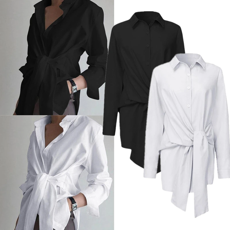 

Женская Асимметричная блузка на завязках, Повседневная рубашка с длинным рукавом, рабочая блузка на пуговицах, 2022