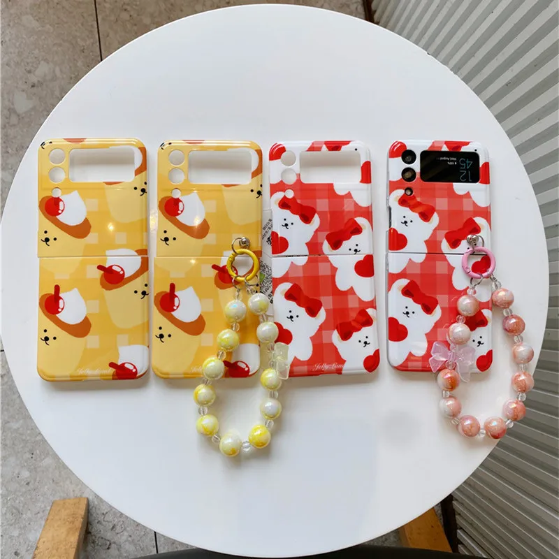 

Cute Pudding Bear Bracelet Phone Case For Samsung Galaxy Z Flip 4 3 IMD Shockproof Back Cover Cases For Samsung Z Flip3 Flip4