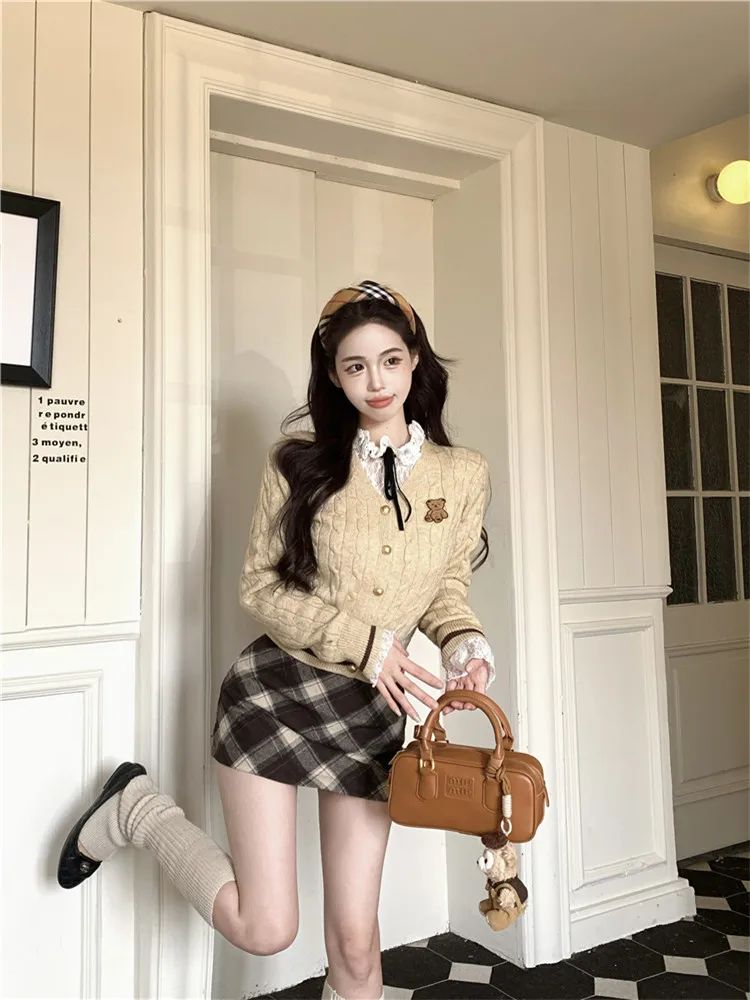 Студентка униформа из 2 предметов костюмы модные вязаные комплекты 3 кружевная