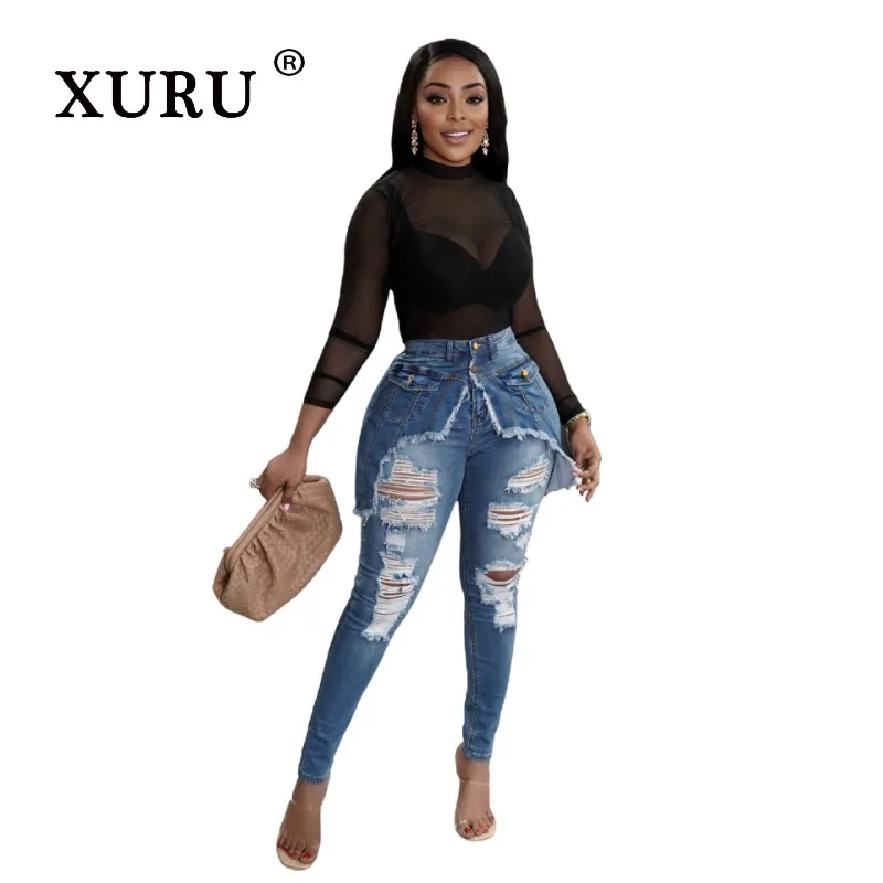 Xulu-Женские состаренные джинсы Джинсовые леггинсы модные и поделки новые