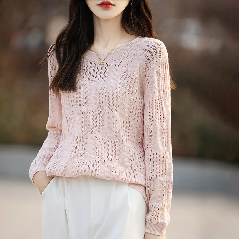 Женский вязаный свитер из 100% хлопка Свободный пуловер с длинными рукавами и