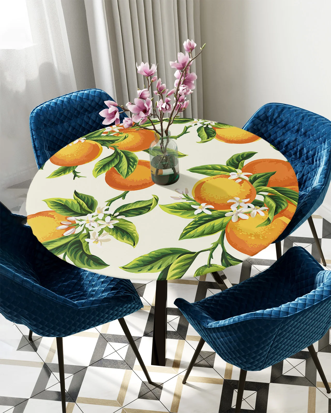 

Fruit Orange Flower Round Tablecloth Waterproof Elastic Tablecloth Home Kitchen Dining Room Table Cover