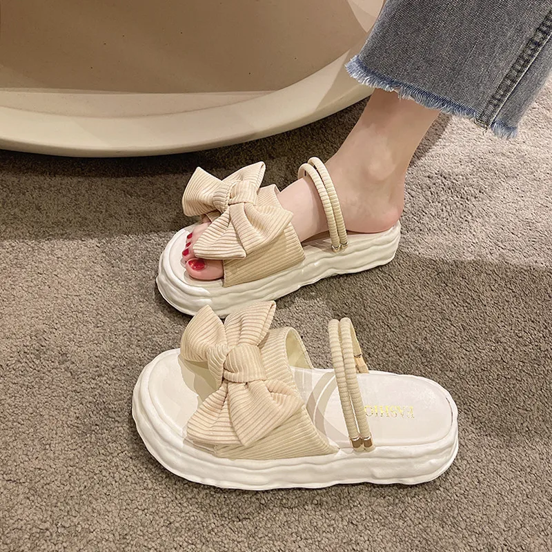 

Outside Sandals Female Shoe 2022 Summer Two Weare Med Clogs With Heel Girls Fashion Medium Beach Thick New Bow Slides Basic Butt