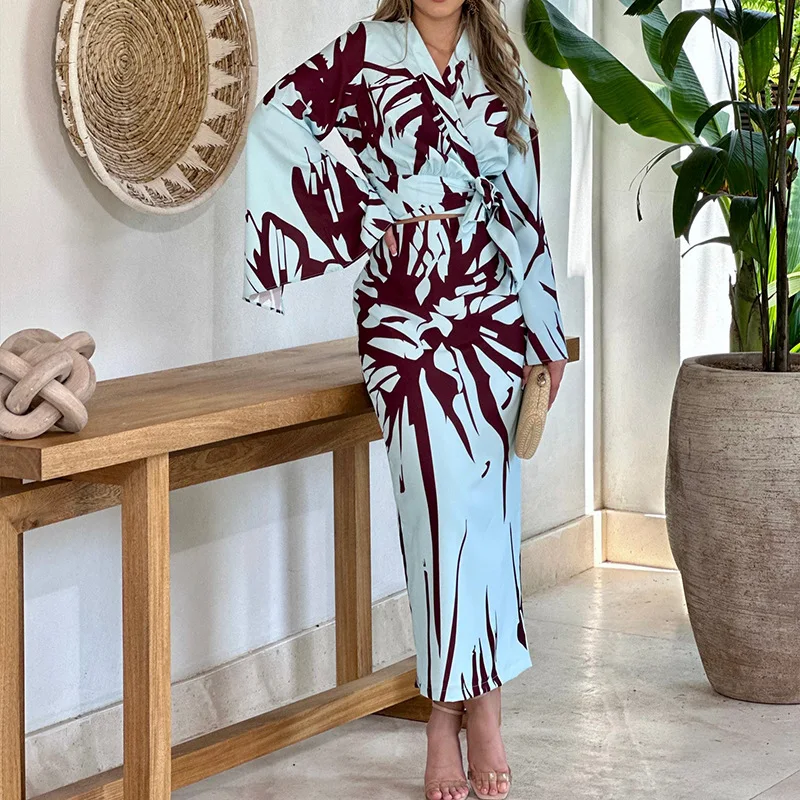 

Summer Leaf Pattern Print Office Lady Set Elegant Flare Sleeve Cross Tie-up Top Shirt Outifts Women Casual Beach Slim Skirt Suit