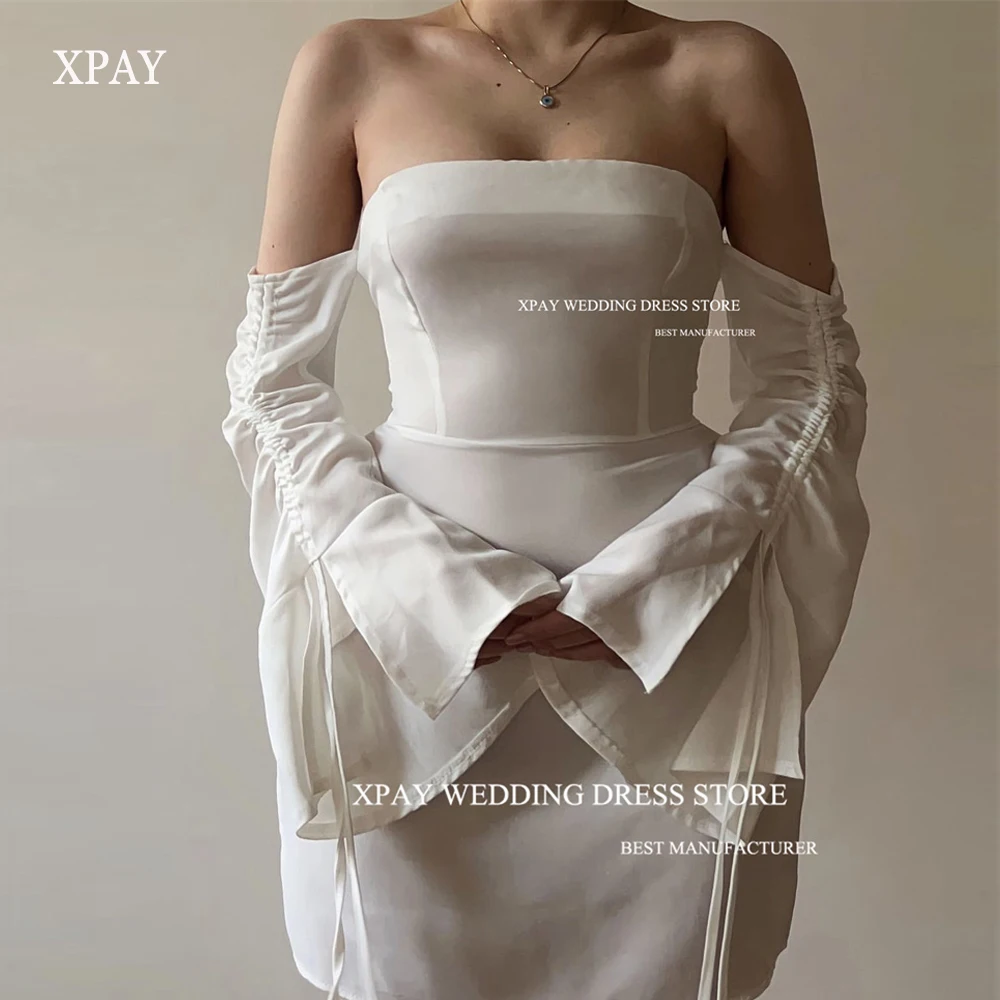

XPAY Sexy Off the Shoulder White Short Evening Party Dresses Long Sleeves Prom Gowns Knee Length Formal Cocktail Dress