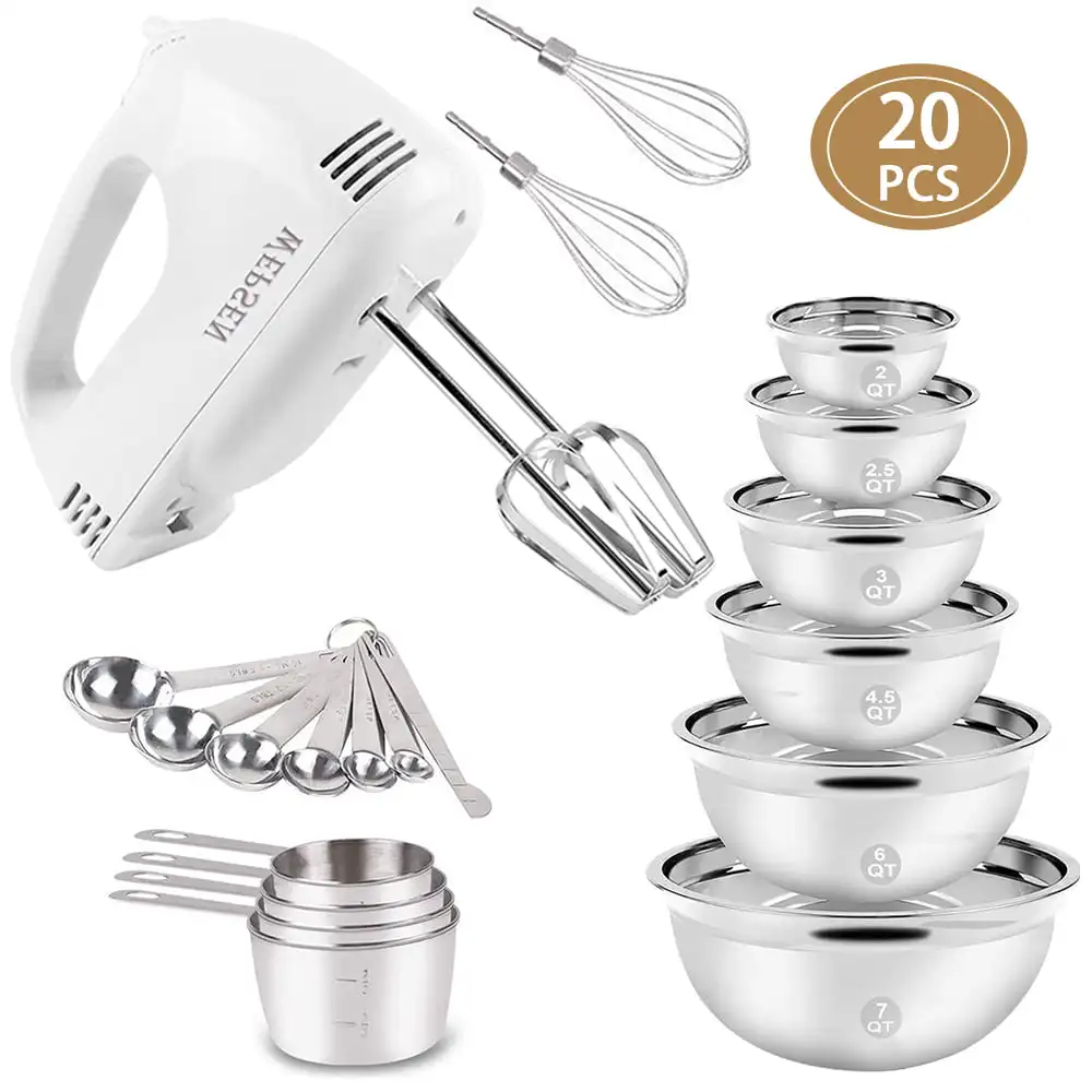 Electric Hand Mixer Mixing Bowls Set Upgrade 5-Speeds Mixers with 6 Silver Nesting Stainless Steel Mixing Bowl, Measurin