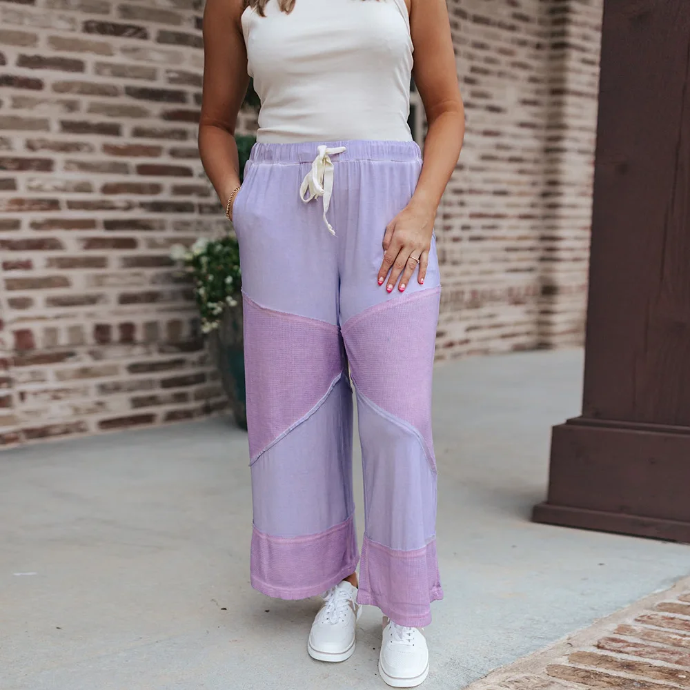 

2022 Spring Summer Loose Wide Leg Ankle Length Pants Contrast Color Tie Elastic Waist Casual Cotton Blends Women Pants Clothes