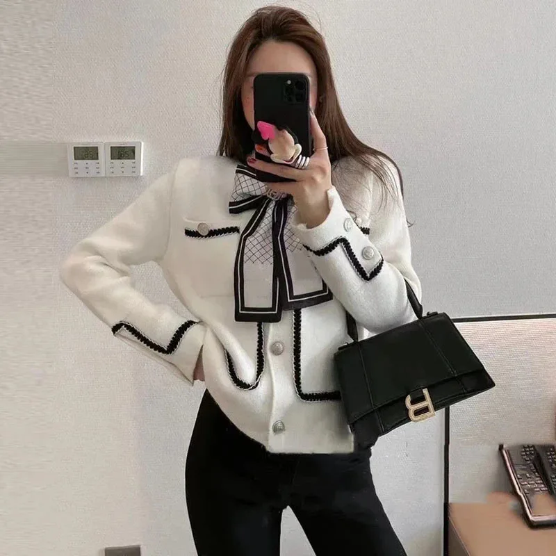 

Luxury Designer Bow Tie Mink Fleece Brand Coat Women Streetwear Elegant Lady Sweater Cardigan Vintage Button Knit Cropped Jacket