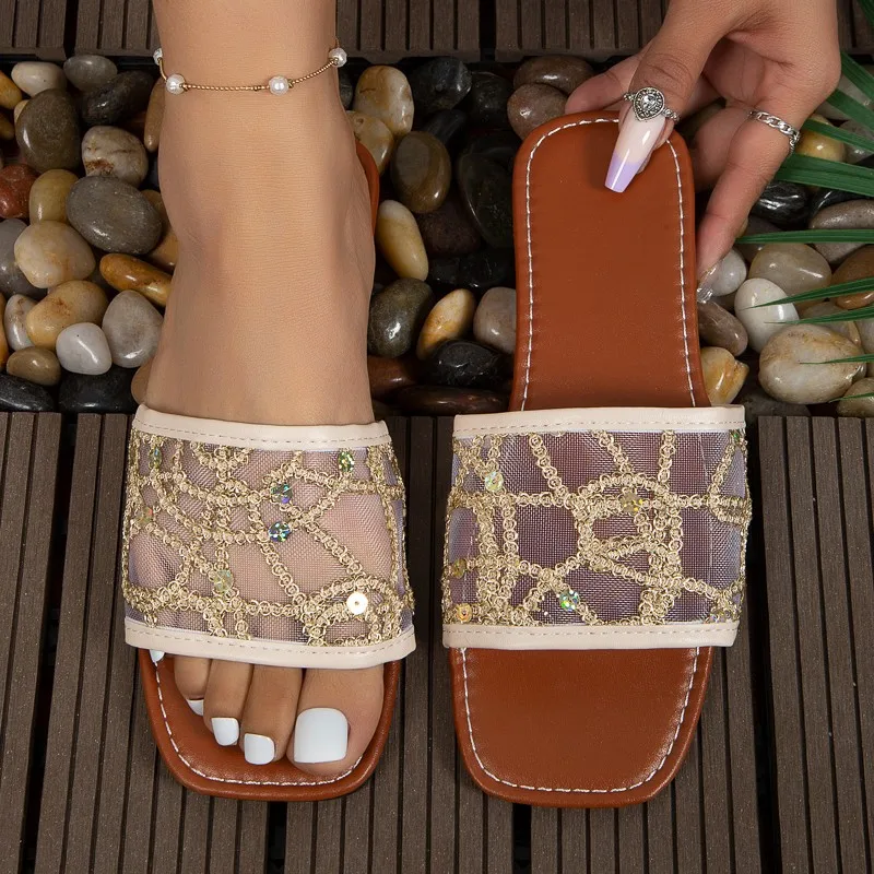 

2023 New Square Head Flat Bottom Lace Slippers Women's Simple Sandals Fashion Sexy Beach Shoes 36-43