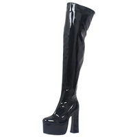 15cm high chunky heel platform boots thick heels zip round toe pu over the knee thigh long goth boots