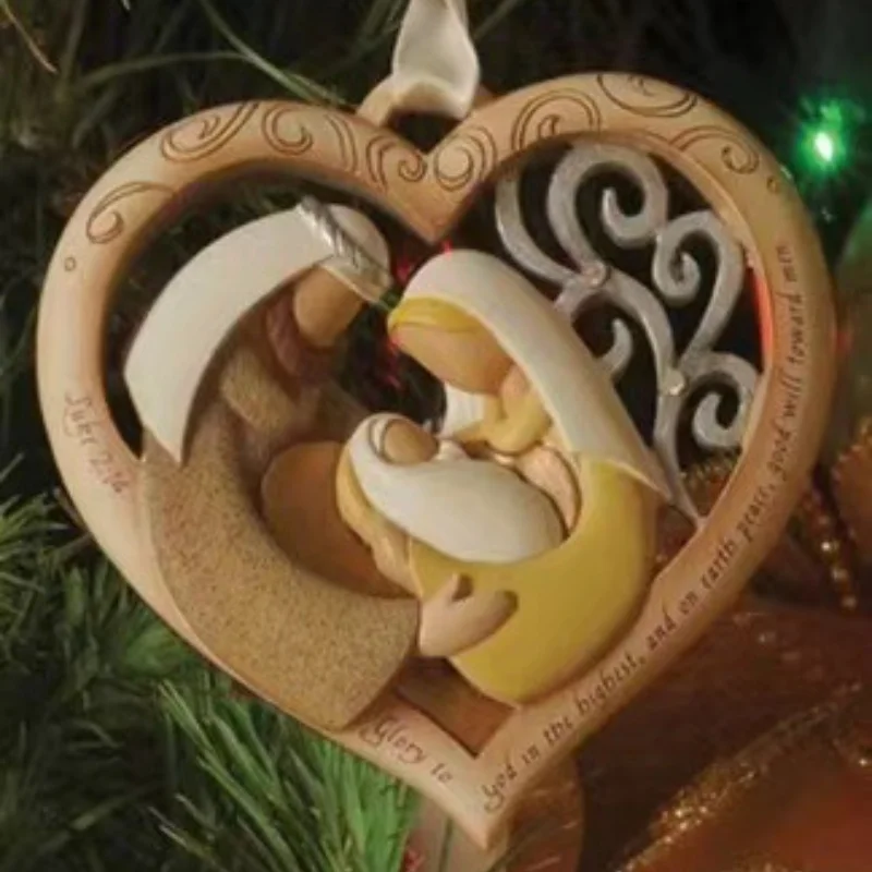 

Christmas Holy Family Ornament Wooden Craft Xmas Tree Hanging Hollow Heart Shaped Christian Angel Statue Christian Hang Ornament