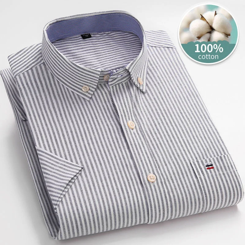 Men's Short Sleeve 100% Cotton Shirts Summer Middle-aged and Young Cotton Oxford Spinning Casual Shirts Men's