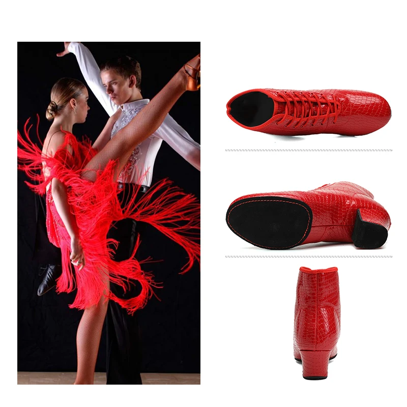 DKZSYIM NEW Women Latin Short Boots Ballroom Jazz Modern Dance Shoes Lace Up Dancing Boots Red Black Sports Dancing Sneakers