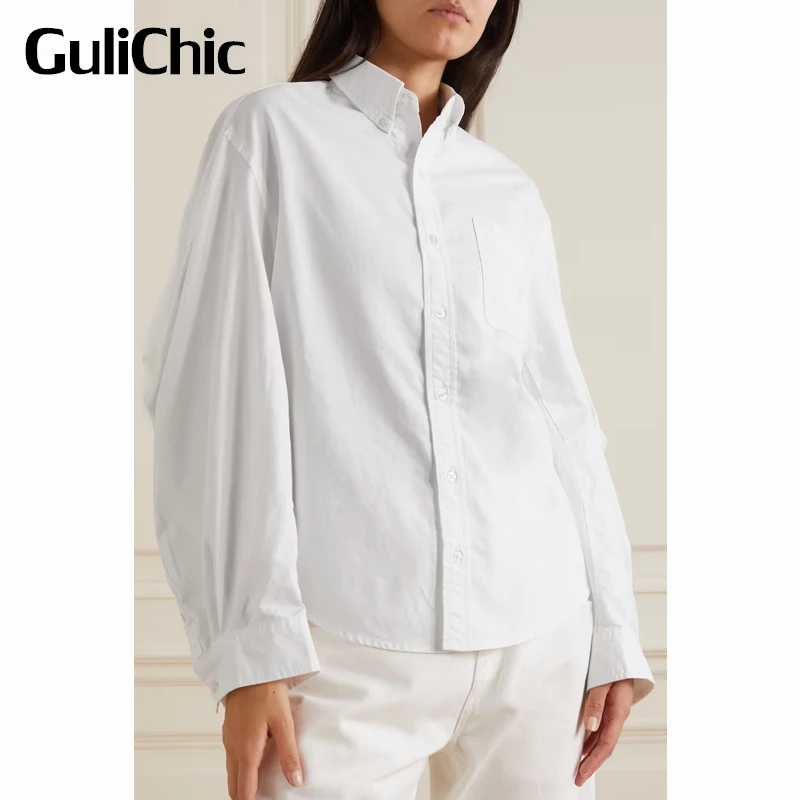 

8.26 GuliChic Women White Cotton Shirt Solid Color Casual High Street Loose Blouse
