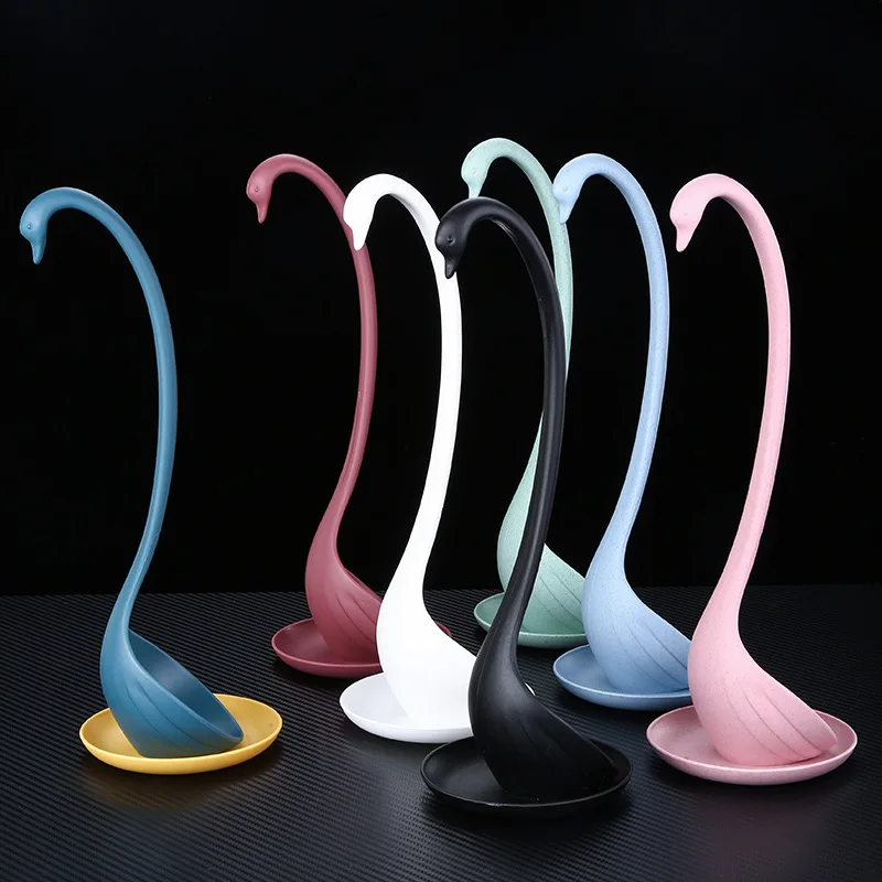 

Creative Household Long-Handled Upright Swan Shaped Soup Ladle Upright Swan Spoon with Tray Useful Kitchen Saucer Cooking Tool