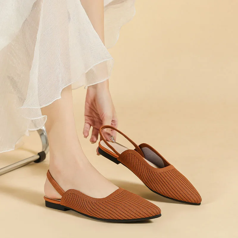 

2023 New Women's Singles Shoes Fashion Pointed Toe Slingback Heels Fashion Knitted Fabric Pumps Daily Flats Slip-on Casual Shoes