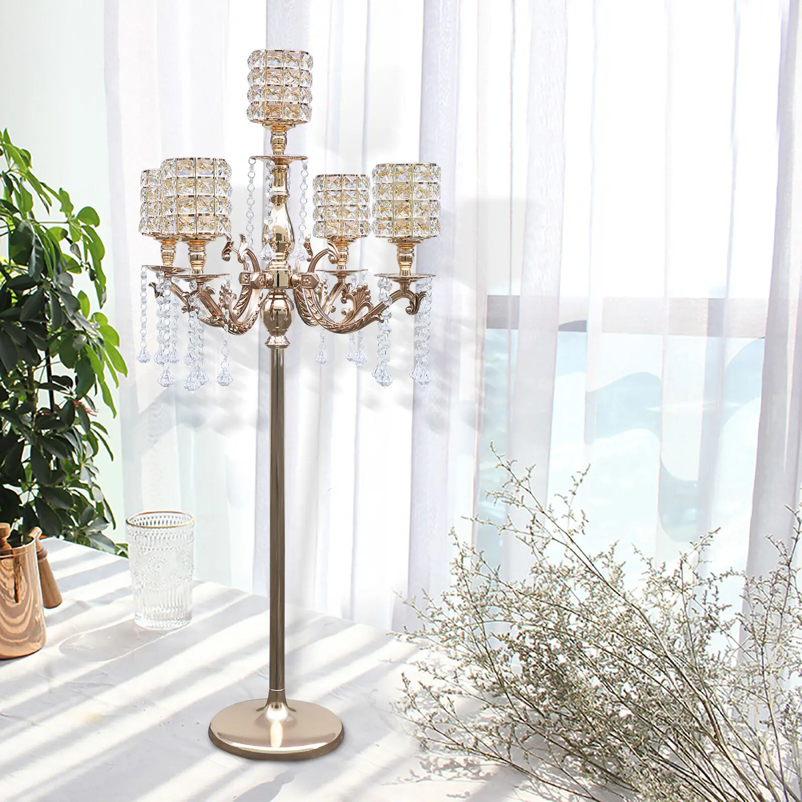 

5 Arms Gold Floor Candelabra Wedding Centerpiece 43.3 Inches Tall Crystal Candle Holder Home Candlestick Decor