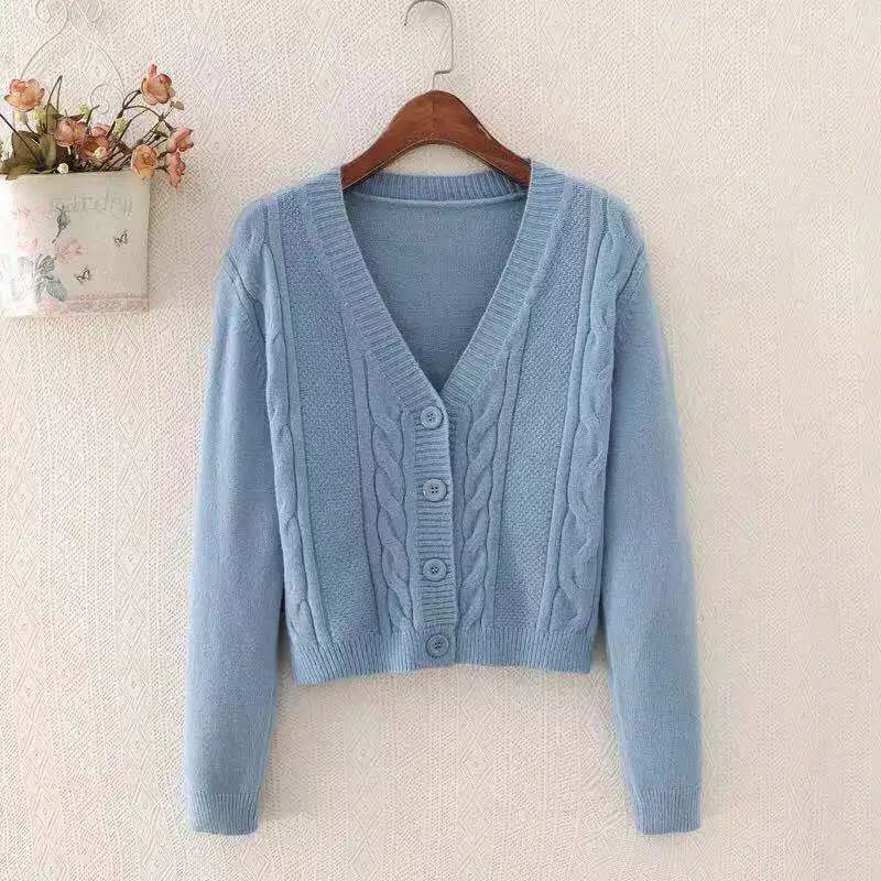 

2022 Autumn Cardigan Women Knitted Loose Sweater V-Neck Button Cardigans Long Sleeve Knitwear Women Short Tops All-match 22794