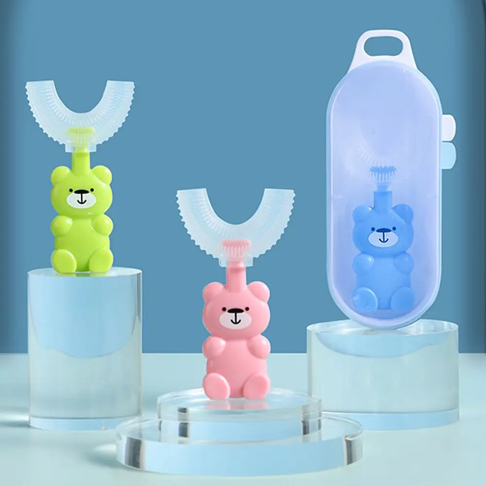 1Pc U-shape Baby Toothbrush Silicone Cartoon Bear Children's Handheld Teeth Cleaning Brush Dust Box Soft Baby Oral Care Tools