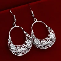gorgeous women silver stud hoop dangle earring bridal wedding jewelry bohemian hollow flowers hook earrings