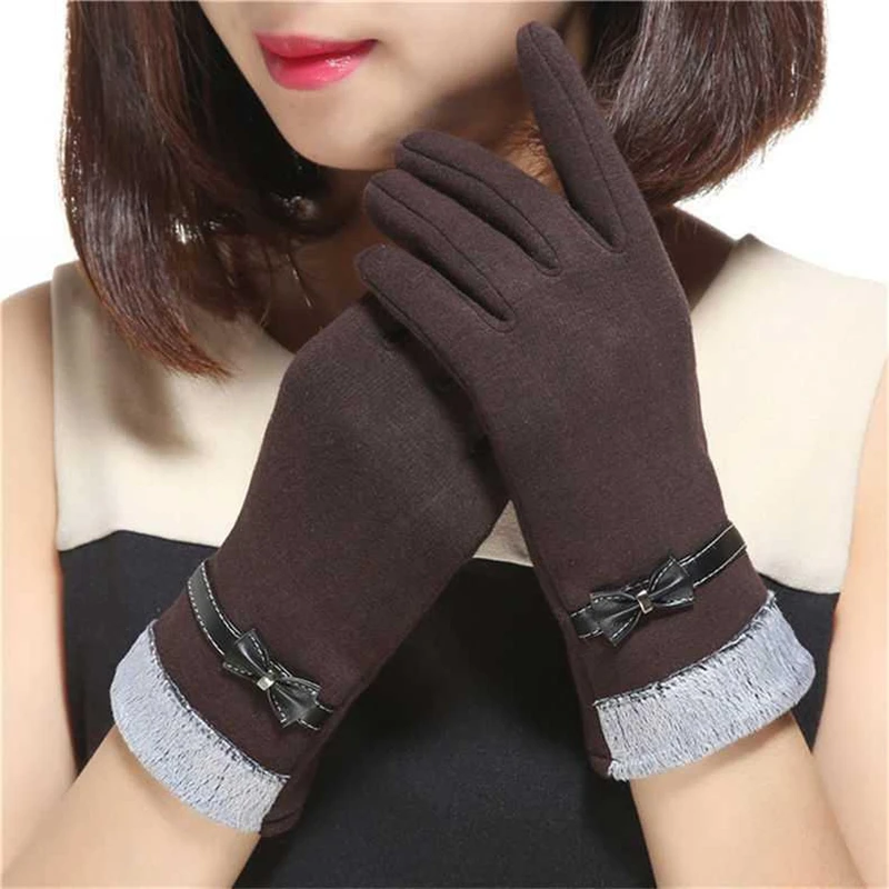 

[BYSIFA] Coffee Golves New Ladies Fashion Sweet Soft Mittens Gloves Fall Brand Big Bow Tie Thick Warm Touch Screen Full Gloves
