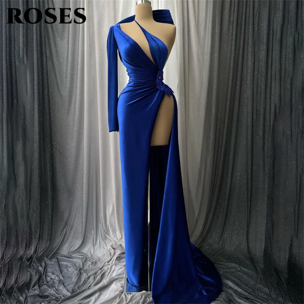 

Luxury Mermaid Evening Dress One Shoulder Pleats Sexy High Side Slit Prom Dress Flowers Pageant Celebrity Party Gown Night Dress