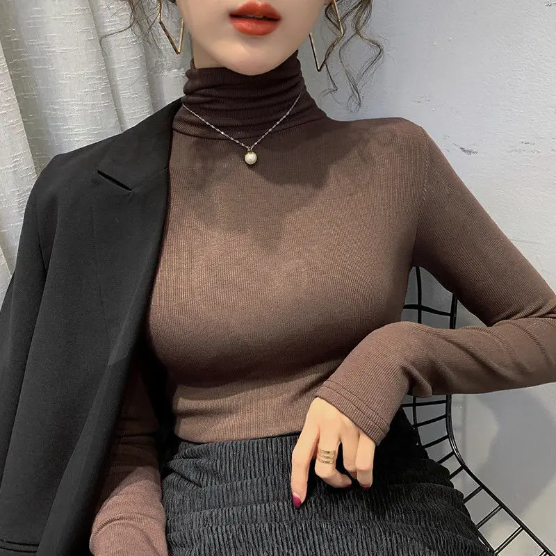 

Woman TShirts Women's Turtleneck Spring and Autumn Slim Fit Black Long-Sleeved T-shirt Top Crop Top Mujer Camisetas Femme E352