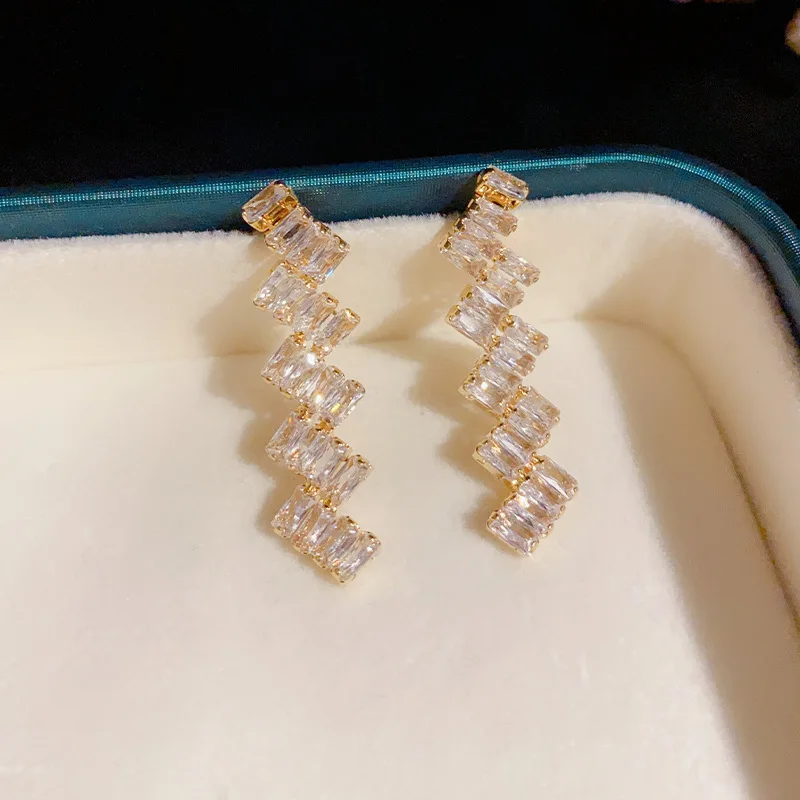 

Luxury Wave Cubic Zircon Drop Earrings For Women High Quality Korean Copper 14K Gold Plated Designer Dangle Earring Jewelry New