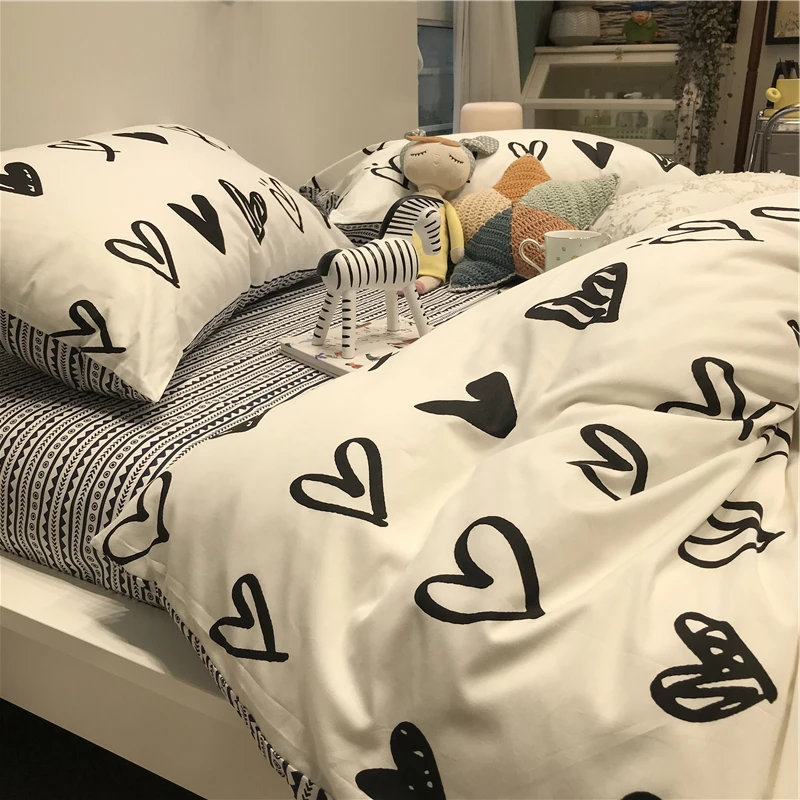 

Простое черно-белое одеяло в скандинавском стиле из четырех предметов из чистого хлопка, пододеяльник 1,5 м, М, комплект из трех предметов