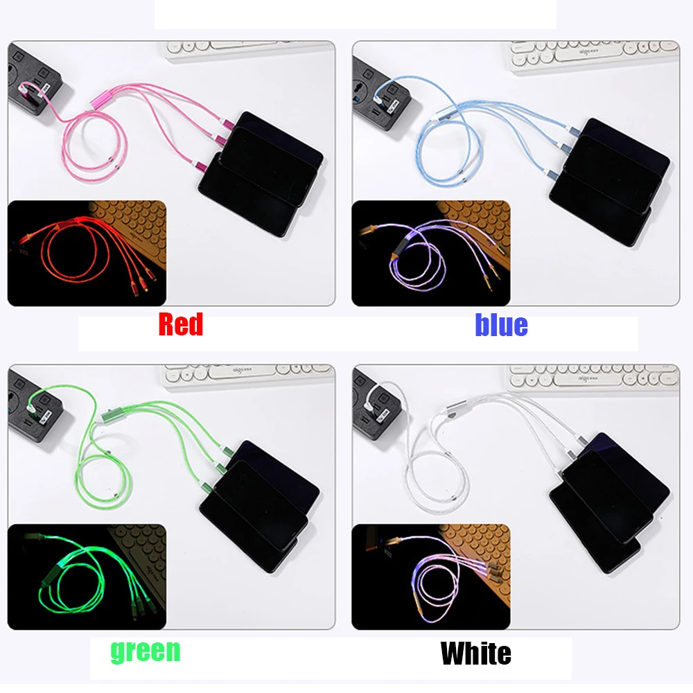 

3 in 1 Glowing LED Cable 3A Fast Charging Cable USB Type C High Speed Data Transfer Cable Flowing Streamer Light LED USB C Cord