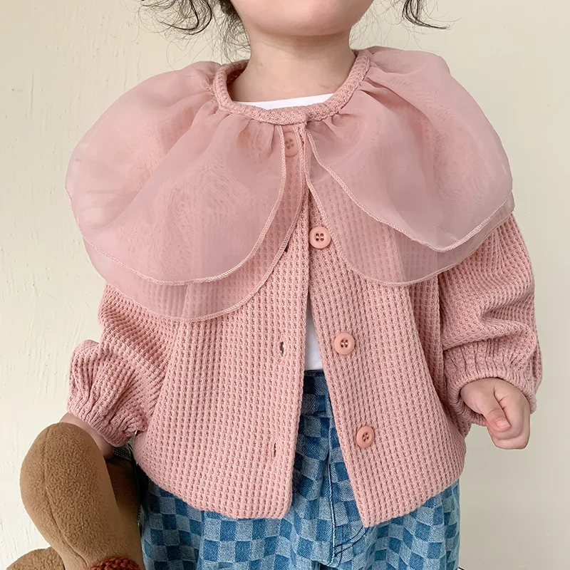 

2022 Children's Spring Waffle Jacket Clothing Girl WIth Double Mesh Neck Korean Princes Baby Kids Outerwear Clothes Girl Coatt