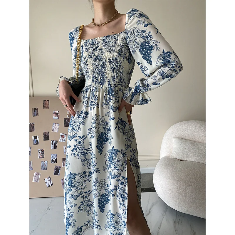 

Summer Women Floral Print Dress Square Collar Long Sleeve Sexy Split High Waist Midi Dresses Bohemian Casual A-line Dress 2022
