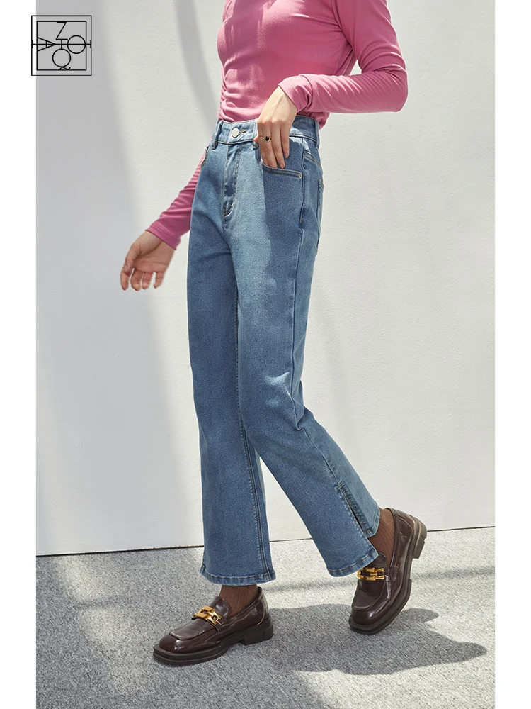 

ZIQIAO Classic Women Nnine-point Jeans Autumn New Style High-waisted Thin Straight-leg All-match Female Slit Flared Jeans