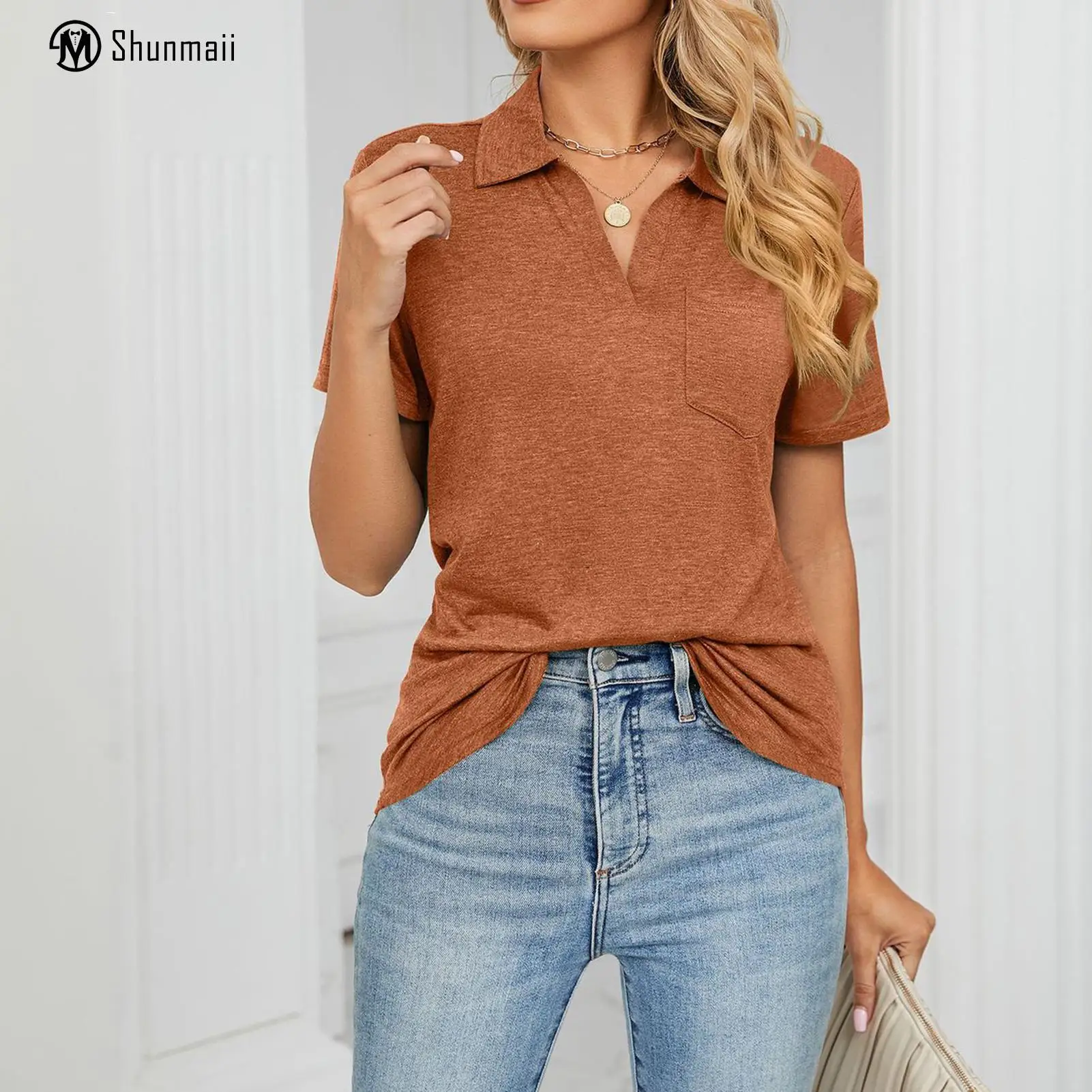 

Lapel Short Sleeve T Shirt Summer Chest Splicing Pocket Streetwear T-Shirt European Elegant Fashion Casual Female Clothes