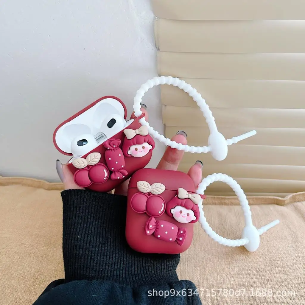

Наносите трехмерную гарнитуру candy girl для Airpods3 cases pro, Беспроводная bluetooth-гарнитура 1/2 поколения, мягкие чехлы винного цвета