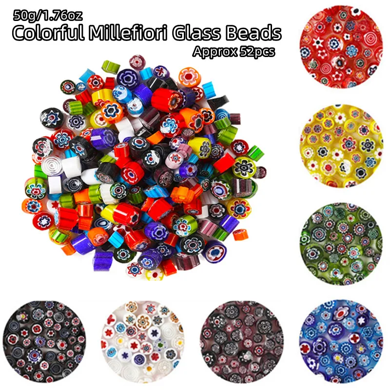 50g/1.76 once (circa 52 pezzi) perline di vetro colorato Millefiori tessere di mosaico mille perle di fiori forma di cilindro materiale artigianale fai da te