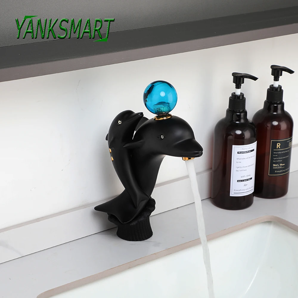 

Смеситель для ванной комнаты YANKSMART, настенный кран для раковины, черная раковина, дельфин, латунный водопроводный кран, смеситель горячей и холодной воды
