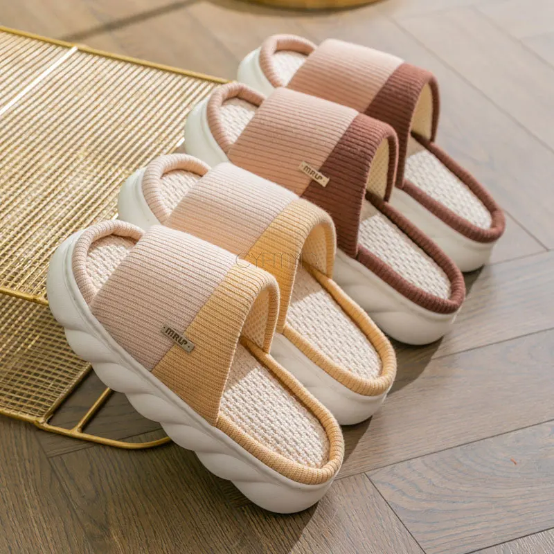 Striped Flax Slippers Women Home Open Toe Platform Slide Woman Slippers Cotton Linen Indoor Slippers Female Simple Winter Shoes