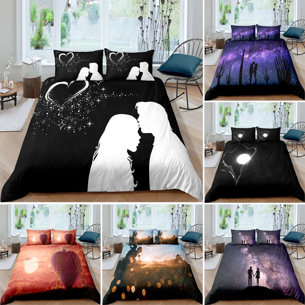 

Nordic Landscape With Lovers Black Bedding Couple Valentine Day Duvet Cover 2 People Bed Home Textiles Twin Full King Queen Size