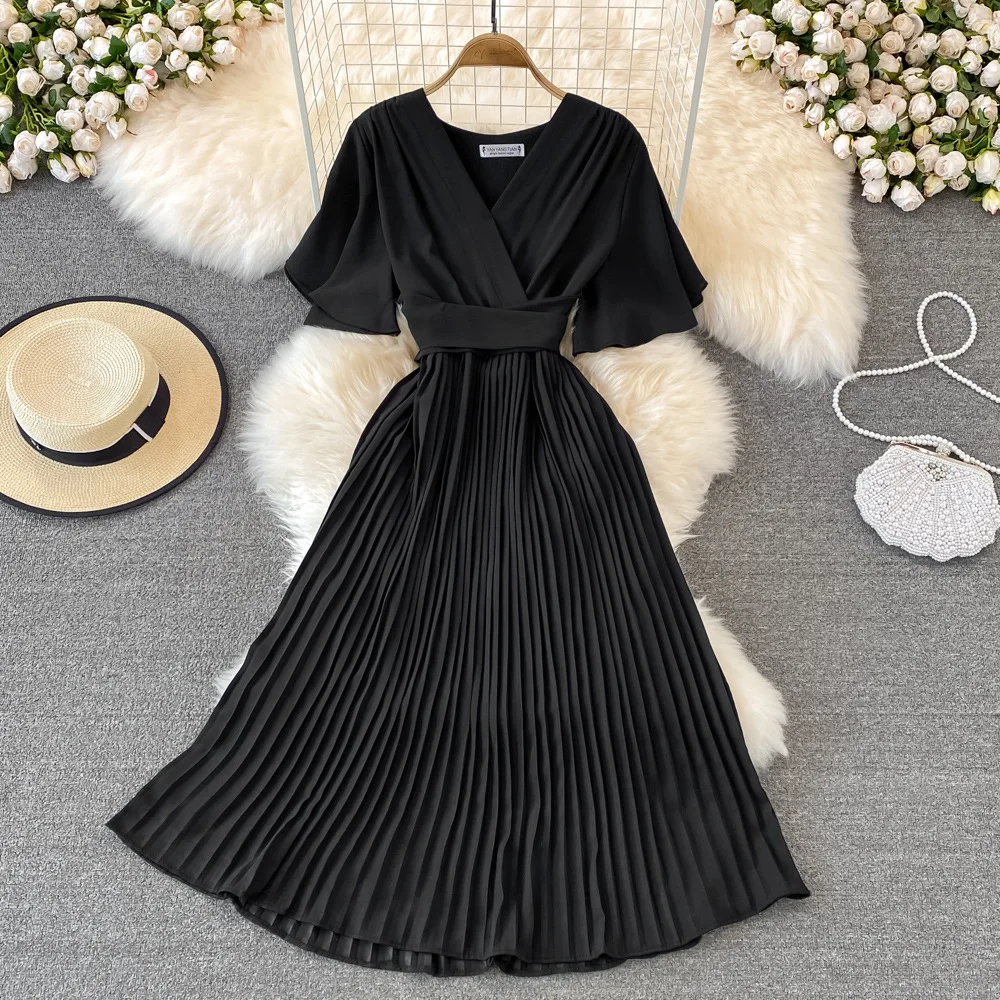 

Short Sleeve Solid Color High Waist V Neck Women's Long Dress Temperament Pleated Elegant Robe A-Line Vestidos